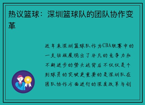 热议篮球：深圳篮球队的团队协作变革