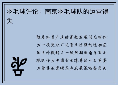 羽毛球评论:南京羽毛球队的运营得失