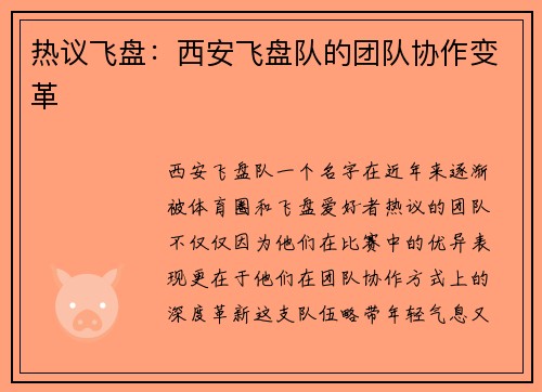热议飞盘：西安飞盘队的团队协作变革
