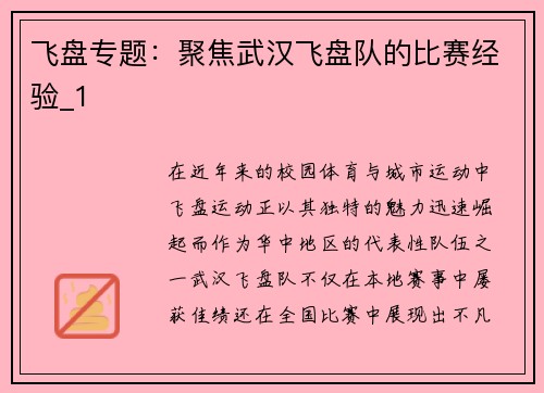 飞盘专题：聚焦武汉飞盘队的比赛经验_1