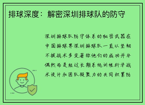 排球深度：解密深圳排球队的防守